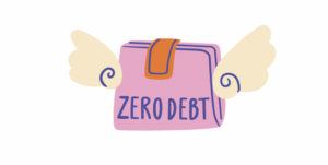 flying wallet with zero debt written on it
